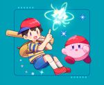  0mzum1 1boy :d backpack bag baseball_bat baseball_cap black_hair blue_background blue_eyes blue_shirt blue_shorts blush blush_stickers brown_bag commentary_request hair_between_eyes hands_up hat holding holding_baseball_bat index_finger_raised kirby kirby_(series) mother_(game) mother_2 ness_(mother_2) open_mouth purple_eyes red_footwear red_headwear shirt shoes short_hair short_sleeves shorts sideways_hat simple_background smile socks sparkle striped_clothes striped_shirt super_smash_bros. t-shirt two-tone_shirt white_socks yellow_shirt 