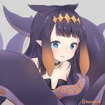  1girl bare_shoulders black_dress blue_eyes breasts brown_hair commentary dress gradient_hair grey_background hololive hololive_english kaxukin long_hair multicolored_hair ninomae_ina&#039;nis purple_hair simple_background small_breasts smile solo strapless strapless_dress tentacles twitter_username upper_body virtual_youtuber 