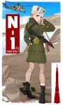  1girl absurdres aircraft aks-74u assault_rifle blonde_hair cyrillic fur-trimmed_jacket fur_hat fur_trim green_jacket gun hat helicopter highres jacket kalashnikov_rifle mi-24 military n1_(rocket) original personification pzkpfwi red_star rifle russian_text short_hair soviet soviet_army star_(symbol) ushanka weapon 