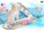  1girl bare_legs bare_shoulders barefoot benghuai_xueyuan blonde_hair bow character_name egg food hair_bow honkai_(series) knife ladder long_hair official_art one-piece_swimsuit plate pool poolside purple_eyes second-party_source swimsuit water wet yui_(benghuai_xueyuan) 