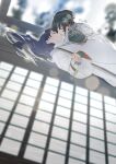  1girl 1other black_hair blurry blurry_background closed_eyes dutch_angle facing_another fate/samurai_remnant fate_(series) hair_down hair_flowing_over hair_ornament highres holding_hands imminent_kiss interlocked_fingers japanese_clothes long_hair long_sleeves other_with_female ototachibana_hime_(fate) reflective_floor shirt soshin_(siriusalpc) twitter_username upper_body white_shirt wide_sleeves yamato_takeru_(fate) 