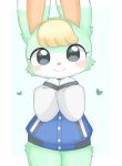 &lt;3 abstract_background animal_crossing anthro blonde_hair blush bottomless clothed clothing female fluffy fur green_body hair handpaw hi_res jacket kuzuyu lagomorph leporid letterman_jacket looking_at_viewer mammal multicolored_body multicolored_fur nintendo paws rabbit sasha_(animal_crossing) smile solo topwear two_tone_body two_tone_fur