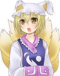  blonde_hair fox_tail hands_in_opposite_sleeves hat jyako long_sleeves lowres multiple_tails open_mouth pillow_hat short_hair solo surcoat tail tassel touhou upper_body white_background yakumo_ran yellow_eyes 