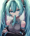  1girl bare_shoulders black_sleeves blue_eyes blue_hair blue_necktie breasts collared_shirt crossed_arms detached_sleeves dot_nose frilled_shirt frills grey_shirt hair_between_eyes hair_intakes hair_ornament hatsune_miku head_tilt highres large_breasts long_hair long_sleeves looking_at_viewer mouth_hold multicolored_hair naguno-0713 necktie number_tattoo pink_hair shirt sidelocks simple_background sleeveless sleeveless_shirt solo streaked_hair tattoo tie_clip twintails two-tone_hair very_long_hair vocaloid white_background 