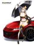  1girl arm_support bare_shoulders belt black_hair blonde_hair boots breasts car choker cleavage closers collarbone crop_top cropped_vest elbow_gloves frown full_body gloves gradient_hair green_eyes hairband harpy_(closers) high_heel_boots high_heels highres holding holding_umbrella large_breasts long_hair looking_at_viewer midriff miniskirt motor_vehicle multicolored_hair navel non-web_source official_art on_vehicle open_clothes parted_lips race_queen showgirl_skirt sitting sitting_on_car skirt sleeveless solo stomach sweatdrop thigh_boots thighhighs thighs two-tone_hair umbrella very_long_hair vest 