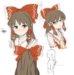 :&lt; artist_request ascot beige_background blush bow closed_mouth collar detached_sleeves from_behind from_side hair_bow hair_tubes hakurei_reimu head_tilt long_sleeves looking_at_viewer multiple_views red_bow ribbon-trimmed_sleeves ribbon_trim sidelocks simple_background sketch touhou vest 