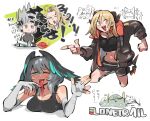  ! ahoge arknights black_hair blonde_hair breasts character_request cleavage english_text ho&#039;olheyak_(arknights) ifrit_(arknights) jacket long_tongue midriff muelsyse_(arknights) multicolored_hair open_mouth streaked_hair tagme tank_top tirarizun tongue tongue_out yellow_eyes 