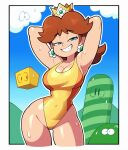  1girl armpits arms_up bare_shoulders blue_eyes breasts brown_hair cleavage covered_navel crown earrings english_commentary flower_earrings grin highres jewelry long_hair looking_at_viewer mario_(series) narrowed_eyes princess_daisy smile smug stealth_brock sweat thick_thighs thighs wide_hips 