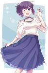  1girl ;d blue_eyes blue_skirt breasts collarbone e20 hair_between_eyes hand_up highres looking_at_viewer medium_breasts one_eye_closed original purple_hair shirt skirt skirt_hold smile solo standing white_shirt 