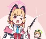  2girls animal_ear_headphones animal_ears blonde_hair blue_archive blue_bow blue_necktie blush bow cat_tail collared_shirt commentary death_momoi_(meme) fake_animal_ears green_halo hair_bow halo headphones holding holding_knife jacket knife long_sleeves meme midori_(blue_archive) momoi_(blue_archive) multiple_girls nako775 necktie one_eye_closed open_mouth pink_halo red_bow red_eyes shirt short_hair siblings sisters smile tail twins white_jacket white_shirt wide_sleeves 