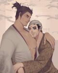  2boys alternate_costume bara bare_pectorals brown_hair eyepatch face_to_pecs facial_hair from_side goatee hand_on_another&#039;s_shoulder high_ponytail highres hug japanese_clothes kimono kiryu_kazuma large_hands large_pectorals long_sideburns looking_at_another looking_at_viewer majima_goro male_focus mature_male multiple_boys nipples nude pectoral_pillow pectorals rani_ki ryuu_ga_gotoku_(series) short_hair sideburns sideburns_stubble smile thick_eyebrows upper_body yaoi 