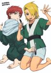  2boys :p aged_down bare_arms barefoot blonde_hair blue_eyes bodypaint brown_eyes child deidara_(naruto) green_kimono green_robe hair_over_one_eye hand_up hands_up highres holding holding_pen japanese_clothes kimono kneeling long_sleeves looking_back male_focus multiple_boys naruto_(series) naruto_shippuuden one_eye_covered pen robe sash sasori_(naruto) short_hair short_sleeves shorts side-by-side simple_background sitting soles tongue tongue_out umkaqryi wariza white_background white_shorts 