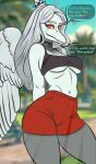 2024 amber_eyes anthro bottomwear breasts clothing crop_top dialogue digital_drawing_(artwork) digital_media_(artwork) dinosaur dizzy_weas english_text eyelashes eyeliner fang_(gvh) feathered_wings feathers female goodbye_volcano_high grey_body grey_scales hair hi_res long_hair looking_at_viewer makeup midriff navel pterodactylus pterosaur reptile scales scalie shirt shorts silver_hair simple_background smile snout solo talking_to_viewer text topwear under_boob white_background wings