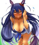  1girl :d ahoge animal_ears animal_print bikini bikini_under_clothes black_bikini blue_hair blue_neckerchief blue_sailor_collar blush breasts breasts_apart cleavage collarbone commentary_request cowboy_shot dark-skinned_female dark_blue_hair dark_skin double-parted_bangs dress ear_scrunchie fang from_side hair_between_eyes hanging_breasts highres hishi_amazon_(umamusume) horse_ears horse_girl horseshoe_ornament leaning_forward long_hair medium_breasts navel neckerchief off_shoulder open_mouth outdoors print_neckerchief print_scrunchie raised_eyebrows red_eyes red_scrunchie ribbon sailor sailor_collar sailor_dress scrunchie short_dress side_slit sideboob sidelocks smile string_bikini sweatdrop swimsuit thigh_strap thighs tiger_print umamusume very_long_hair watarui white_dress 