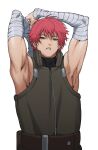  1boy alternate_costume arm_behind_head arm_wrap armpits arms_up belt brown_eyes highres looking_at_viewer male_focus naruto_(series) naruto_shippuuden parted_lips pink_hair red_hair sasori_(naruto) short_hair simple_background sleeveless solo toned toned_male umkaqryi upper_body white_background 