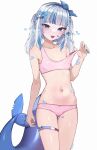  1girl :d absurdres animal_ears ass_visible_through_thighs bandage_on_face bandages bandaid bandaid_on_arm blue_bow blue_eyes blue_hair blue_hairband blue_nails blunt_bangs blush bow bow_panties bra breasts fake_animal_ears fang fins fish_hair_ornament fish_tail fish_tattoo gawr_gura grey_hair hair_ornament hairband heart highres hololive hololive_english kkato looking_at_viewer medium_hair multicolored_hair navel open_mouth panties pink_bra pink_panties pulled_by_self shark_girl shark_tail simple_background skin_fang small_breasts smile solo strap_pull streaked_hair tail tattoo thigh_strap underwear underwear_only virtual_youtuber white_background 
