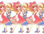  ahoge alice_margatroid bare_shoulders blonde_hair book boots bow clog_sandals detached_sleeves full_body gohei hair_bow hair_tubes hairband hakurei_reimu holding long_hair multiple_girls no_nose omuni open_mouth red_eyes short_hair smile touhou walking wallpaper 