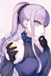  1girl absurdres black_gloves black_ribbon braid breasts cup danganronpa:_trigger_happy_havoc danganronpa_(series) danganronpa_10th_anniversary_costume detached_sleeves gloves hair_ribbon highres holding holding_cup kirigiri_kyoko looking_at_viewer medium_breasts nakiyande official_alternate_costume pink_eyes ponytail ribbon simple_background smile solo upper_body white_background 