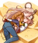  age_difference animal_ears bad_id bad_pixiv_id breast_grab breasts cheese copyright_request denim food grabbing hug jeans lying medium_breasts mother_and_daughter motherly mouse_ears multiple_girls nakamura_tetsuya on_side one_eye_closed orange_shirt pants pantyhose ribbed_sweater shirt sweater tail turtleneck 