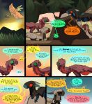 arthropod avian bird camp comic dialogue dinosaur dragon dragonscape drekir dromaeosaurid fantasy female feral forest forl_(thepatchedragon) gila_(thepatchedragon) hi_res hiker_(thepatchedragon) insect jat_(thepatchedragon) male plant post-apocalyptic reptile scalie sunset text thepatchedragon theropod tree