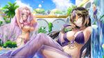  2girls amadea_wolfa arms_up baggy_pants belly_chain black_hair blonde_hair blue_sky bracelet breasts bridal_gauntlets cloud dolphin_wave eines_(dolphin_wave) grin hair_ornament hairclip harem_outfit highres jewelry large_breasts multicolored_hair multiple_girls official_art ootomo_takuji pants pink_eyes pink_hair see-through sky smile striped_hair underboob wet wet_clothes yellow_eyes 