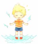 0mzum1 1boy blonde_hair blue_shorts blush blush_stickers closed_eyes commentary_request lightning_bolt_symbol lucas_(mother_3) male_focus mother_(game) mother_3 open_mouth outstretched_arms quiff red_footwear red_shirt shirt shoes short_hair short_sleeves shorts simple_background socks solo spread_arms striped_clothes striped_shirt t-shirt two-tone_shirt wavy_mouth white_background white_socks yellow_shirt 
