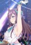 1girl animal_ears armpits bow breasts brown_hair concert ear_bow from_side funamori gloves glowstick hair_between_eyes highres holding holding_microphone horse_ears horse_girl long_hair mejiro_dober_(umamusume) microphone purple_eyes small_breasts solo umamusume upper_body white_gloves 