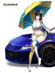  1girl alternate_color arm_support bare_shoulders belt black_hair boots breasts car choker cleavage closers collarbone crop_top cropped_vest elbow_gloves full_body gloves green_eyes hairband harpy_(closers) high_heel_boots high_heels highres holding holding_umbrella large_breasts long_hair looking_to_the_side midriff miniskirt motor_vehicle navel non-web_source official_art on_vehicle open_clothes parted_lips race_queen showgirl_skirt sitting sitting_on_car skirt sleeveless smile solo stomach thigh_boots thighhighs thighs umbrella very_long_hair vest 