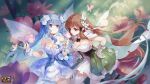  2girls artemis_(benghuai_xueyuan) bare_shoulders benghuai_xueyuan blue_eyes blue_hair breasts brown_eyes brown_hair character_request cleavage copyright_name flower gloves hair_flower hair_ornament highres holding holding_flower honkai_(series) long_hair multiple_girls official_art second-party_source wings 