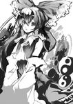  artist_request bow cravat detached_sleeves frilled_bow frills greyscale hair_between_eyes hair_bow hair_tubes hakurei_reimu japanese_clothes long_hair looking_at_viewer miko monochrome open_mouth sketch solo touhou upper_body yin_yang 