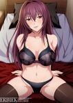  1girl bare_shoulders black_bra black_panties blush bra breasts brown_thighhighs fate/grand_order fate_(series) highres indoors large_breasts long_hair looking_at_viewer minaisu navel on_bed panties pillow purple_hair red_eyes scathach_(fate) sitting smile solo spread_legs stomach thighhighs tongue tongue_out underwear 