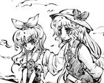  :o belt blush buttons cage_in_lunatic_runagate capelet dress greyscale hair_ribbon hairband hand_on_another's_shoulder hat long_sleeves monochrome multiple_girls parted_lips puffy_short_sleeves puffy_sleeves ribbon short_sleeves tokiame touhou upper_body watatsuki_no_toyohime watatsuki_no_yorihime 
