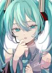  1girl :o absurdres bare_shoulders black_sleeves blue_eyes blue_hair blue_necktie collared_shirt detached_sleeves fang frilled_shirt frills grey_shirt hair_between_eyes hair_intakes hair_ornament hand_to_own_mouth hatsune_miku headset highres long_hair long_sleeves looking_at_viewer microphone naguno-0713 necktie number_tattoo open_mouth raised_eyebrows shirt sidelocks simple_background skin_fang sleeveless sleeveless_shirt solo tattoo twintails upper_body very_long_hair vocaloid white_background 