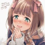  1girl :d amami_haruka artist_name black_coat blue_eyes blunt_bangs blush brown_scarf coat enpera eyelashes hair_ribbon highres idolmaster idolmaster_(classic) idolmaster_million_live! idolmaster_million_live!_theater_days looking_at_viewer medium_hair nogoodlife nose_blush open_mouth own_hands_together pink_ribbon plaid plaid_scarf ribbed_sweater ribbon scarf sleeves_past_wrists smile solo sweater white_sweater winter_clothes 