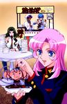  2girls 90s artist_request chu_chu_(shoujo_kakumei_utena) eating food himemiya_anthy kaoru_miki multiple_boys multiple_girls official_art saionji_kyouichi school_uniform shoujo_kakumei_utena tenjou_utena yakisoba 