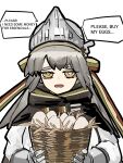  arknights basket egg english_text fartooth_(arknights) grey_hair highres open_mouth simple_background speech_bubble thiccborb upper_body white_background yellow_eyes 