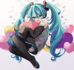  1girl :d bare_shoulders black_footwear black_skirt black_sleeves blue_eyes blue_hair blush boots detached_sleeves dot_nose floating frilled_shirt frills from_side full_body grey_shirt hair_between_eyes hair_ornament hatsune_miku headset heart highres hugging_object long_hair long_sleeves looking_at_viewer miniskirt naguno-0713 number_tattoo open_mouth pleated_skirt shirt sidelocks simple_background skirt sleeveless sleeveless_shirt smile solo tattoo teeth thigh_boots twintails upper_teeth_only very_long_hair vocaloid white_background 