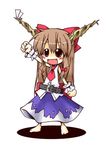  :d bangs barefoot belt blush brown_eyes brown_hair cappccino chibi fang hair_ribbon horn_ribbon horns ibuki_suika long_hair lowres necktie open_mouth raised_fist ribbon skirt smile solo touhou 