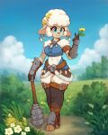 2024 armor asimos belt blue_clothing blue_eyes bovid breasts caprine clothing cloud detailed_background ear_piercing eyelashes female flower flower_on_head hi_res jewelry mace mammal medium_breasts melee_weapon midriff nature navel necklace outside piercing plant scar sheep shoulder_tuft solo tuft vambrace weapon