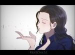  1girl ajtm007 black_hair blowing blue_jacket close-up closed_eyes commentary_request hair_behind_ear hair_slicked_back jacket long_hair loose_hair_strand nico_robin one_piece petals profile simple_background solo translation_request 