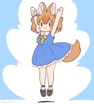  1girl animal_ears bare_arms bare_shoulders black_eyes black_footwear blue_dress blush bow breasts brown_hair common_dolphin_(kemono_friends) common_dolphin_(kemono_friends)_(cosplay) coroha cosplay dhole_(kemono_friends) dog_ears dog_girl dog_tail dress extra_ears frilled_dress frills hair_between_eyes jumping kemono_friends kemono_friends_3 looking_at_viewer medium_breasts multicolored_hair sailor_collar sailor_dress shoes short_hair simple_background sleeveless sleeveless_dress smile solo tail two-tone_hair white_background white_hair wristband 