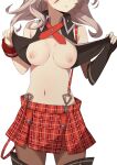  1girl alisa_ilinichina_amiella black_gloves breasts brown_pantyhose commentary_request fingerless_gloves fingernails gloves god_eater grey_hair head_out_of_frame highres lifted_by_self medium_breasts morisobo navel nipples pantyhose parted_lips plaid plaid_skirt red_skirt simple_background single_glove skirt solo suspenders sweat white_background 