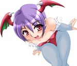  blue_legwear elbow_gloves flat_chest gloves happy head_wings leotard lilith_aensland open_mouth pantyhose pink_eyes purple_hair red_leotard short_hair smile solo toushi_ryoku vampire_(game) 