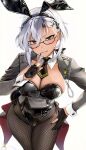  1girl absurdres black-framed_eyewear blush breasts cleavage commentary dark-skinned_female dark_skin detached_collar glasses grey_hair highres kantai_collection large_breasts long_hair musashi_(kancolle) playboy_bunny red_eyes solo symbol-only_commentary yunamaro 