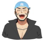  1boy :d archie_(pokemon) bandana beard black_shirt blue_bandana chain_necklace closed_eyes collared_shirt commentary_request facial_hair highres jewelry kxyosp logo male_focus necklace open_mouth pectorals pokemon pokemon_rse shirt simple_background smile solo team_aqua teeth tongue upper_body upper_teeth_only white_background 