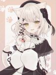  1girl :d animal_ear_fluff animal_ears beret black_bow black_capelet black_dress black_headwear black_ribbon blush border bow capelet cat_ears cat_girl cat_tail commission cowboy_shot dot_nose dress earrings frilled_capelet frilled_shirt frills fuwa_toco grey_hair hair_bow hair_ribbon hat highres jewelry long_bangs long_hair long_sleeves neck_garter open_mouth original outside_border paw_print pink_border puffy_long_sleeves puffy_sleeves ribbon shirt signature simple_background skeb_commission smile solo tail watermark white_background white_shirt yellow_eyes 