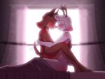 aarondrawsarts anthro antlers backlighting bed bedding bedroom blanket blush blushing_profusely bovid brown_body brown_fur capri_(deerkid) caprine cuddling curtains duo embrace eyes_closed fluffy fluffy_tail fur furniture goat hooves horn hug intimate jackalope lagomorph light lighting male male/male mammal nude nuzzling romantic scut_tail short_tail side_butt smile tail tail_motion tailwag under_covers virgil_(deerkid) waking_up white_body white_fur window