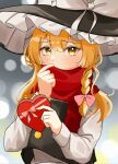  1girl black_headwear black_jacket blonde_hair blurry bow box depth_of_field hat heart-shaped_box highres jacket kirisame_marisa large_hat long_sleeves pink_bow red_scarf scarf scarf_over_mouth shirt sketch solo temmie_(temi_maru) touhou valentine white_bow white_shirt witch_hat yellow_eyes 