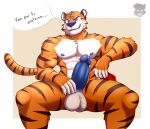 abs absurd_res anthro balls big_balls bodily_fluids deimos_wolf_(artist) erection felid frosted_flakes genital_fluids genitals hi_res kellogg&#039;s male mammal mascot muscular pantherine precum solo tiger tony_the_tiger