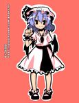  artist_request bangs bat_wings blush_stickers dress eyebrows eyebrows_visible_through_hair full_body hat hat_ribbon looking_at_viewer mob_cap pink_dress puffy_short_sleeves puffy_sleeves purple_hair red_eyes remilia_scarlet ribbon shoes short_sleeves solo standing touhou wings wrist_cuffs 